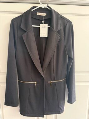 Women's Black Single-Button Riding Blazer with Gold Zipper Accents